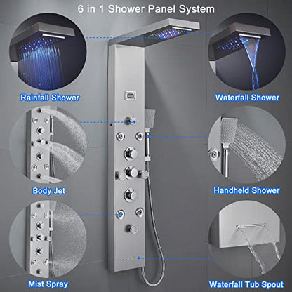 POPFLY LED Rainfall Waterfall Shower Panel Tower System, 4 Body Jets and 4 Mist Spray, 3-Function Handheld Shower, 304 Stainless Steel Shower Tower with Temp Display, Brushed - color: 8 Jets-brushed
