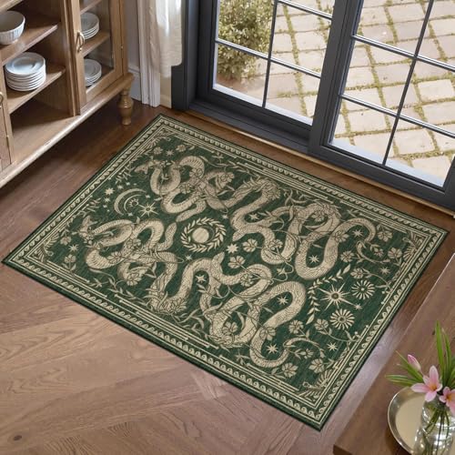 Snake Small Rug 2x3 Washable Door Mat Indoor Rugs for Entryway Non-Slip Gothic Witchy Fantasy Soft Low-Pile Thin Mat for Kitchen Bedroom Bathroom Forest Green - color: Green, size: 2' x 3' (Rectangular)