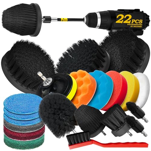 Holikme 22Pack Drill Brush Attachments Set, Scrub Pads & Sponge, Buffing Pads, Power Scrubber Brush, Car Polishing Pad Kit,Wax Applicator Pad,Car Cleaning Kit，Cleaning Supplies，Masonry Brushes,Black | Buffing Sponges, Nylon Grout Tools, Microfiber Wax Pad