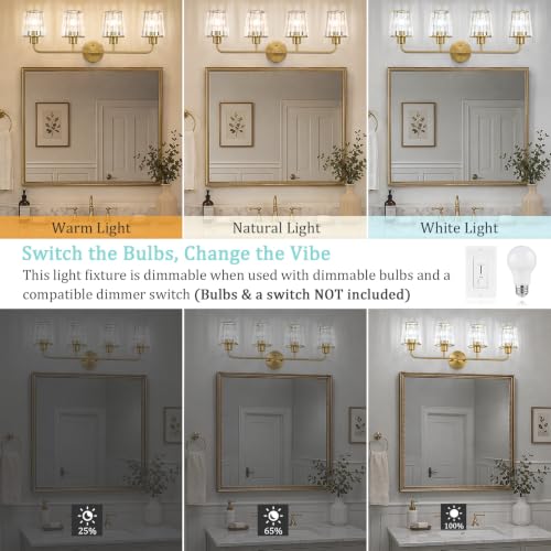 Brushed Gold Vanity Lights, 4-Light Crystal Bathroom Light Fixtures | Modern Bathroom Vanity Light E26 Wall Light over Mirror (Exclude Bulb) - color: Brushed Gold, size: 4-Light