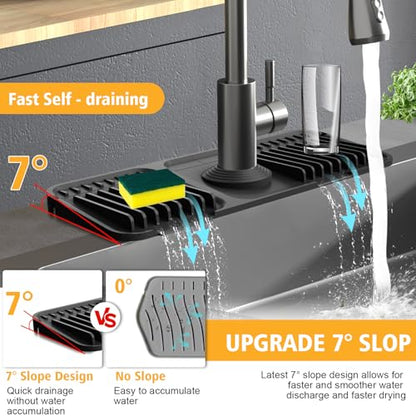 14.6-Inch Kitchen Sink Splash Guard Mat | 7° Slope for Fast Self-Draining | Snap-Lock Design | Universal & Cuttable Silicone Faucet Mat BLACK - color: Black, size: 14.6" x 5.5"