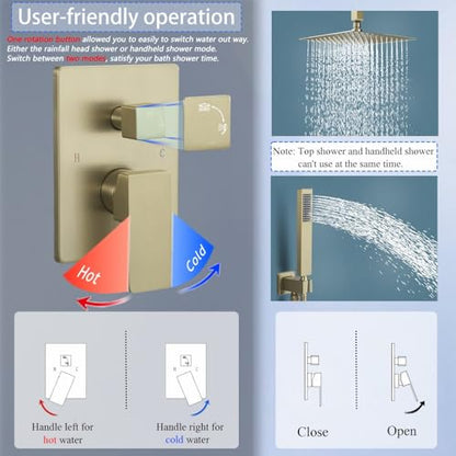 16 Inch Brushed Gold Ceiling Mount Shower System Bathroom Luxury Rain Mixer Shower Combo Set Ceiling Rainfall Shower Head System Faucet Contain Rough-in Valve and Trim Included - color: Brushed Gold, size: 16 Inch