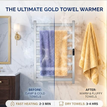 EA15 Series Heated Towel Rack, 8 Bar, Silver | Dual Hooks, Built-in Thermo Control and Timer, Memory Function, Smart Plug Compatible - color: Silver, size: 8 Bar