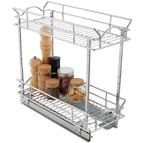 OCG Slide Out Cabinet Organizer for Narrow Cabinet (9" W X 21" D), 2 Tier Pull Out Shelves Slim Sliding Cabinet Organizer and Storage, Chrome - size: 9W21D