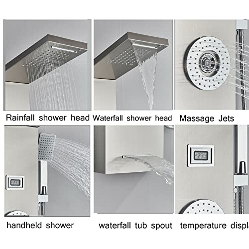 LED Light Shower Panel Tower Rainfall Waterfall Shower Head with Massager Jets Body System Jet Black B (Color : Brushed Nickel F) - color: Brushed Nickel F