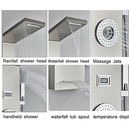 LED Light Shower Panel Tower Rainfall Waterfall Shower Head with Massager Jets Body System Jet Black B (Color : Brushed Nickel F) - color: Brushed Nickel F
