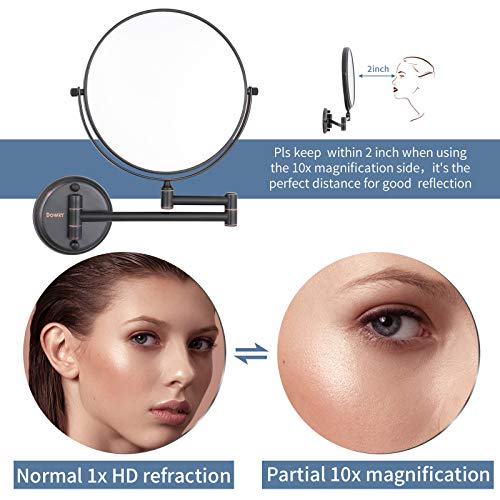DOWRY Wall Mounted Magnifying Makeup Mirror with 10x Magnification, Oil Rubbed Bronze, 8 Inch Double-Sided Swivel Makeup Mirror Wall, 12 Inch Extension