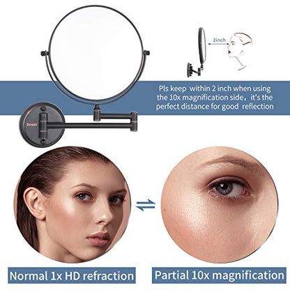 DOWRY Wall Mounted Magnifying Makeup Mirror with 10x Magnification, Oil Rubbed Bronze, 8 Inch Double-Sided Swivel Makeup Mirror Wall, 12 Inch Extension