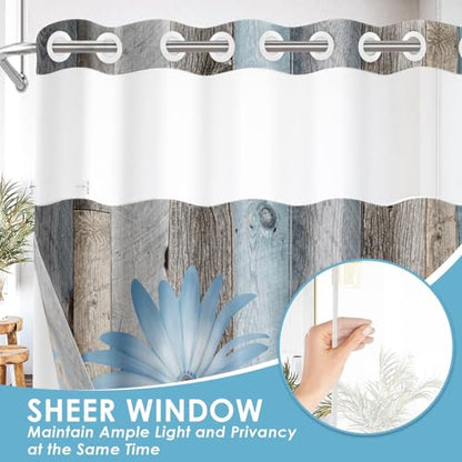 No Hook Shower Curtain with Snap in Liner 71x74 Inch Blue Daisy | Farmhouse Rustic Butterfly Modern Double Layers Waterproof Fabric with See Through Top Window Open Grommet Bath Curtain - color: Blue Retro Daisy, size: 71"W x 74"L (Pack of 1)