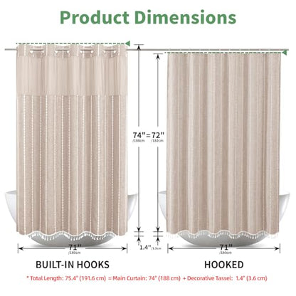 eachope Boho Farmhouse No Hook Shower Curtain Set with Snap-in Fabric Liner,Heavy-Duty Linen Textured Rustic Striped Design,Water-Repellent with Tassels and Sheer Window,Tan/Taupe,71x74 - color: Taupe, size: 71"W x 74"L (Pack of 1)