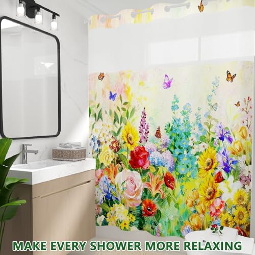 No Hook Shower Curtain with Snap in Liner, Double Layer Waterproof Bathroom Shower Curtain with See Through Window and Weighted Hem, Machine Washable Spring Colorful Floral Bath Curtain, 71"W x 74"L - color: Vibrant Spring