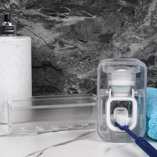 5 Slots Wall Mount Toothbrush Holder with Cover, Self Adhesive Tooth Brush Storage Organizer for Shower Bathrooms, Toothbrush Stand with Automatic Toothpaste Squeezer Dispenser - color: Clear Combination