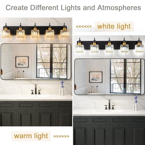 Modern Crystal Bathroom Vanity Light Black Gold 5-Lights Bathroom Lighting Fixtures Over Mirror, Brass Wall Light Fixtures - color: Black Gold-Square Shade, size: 5-Light