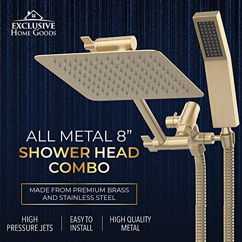 All Metal Shower Head 8" Dual Square Shower Head With Handheld Wand 71in Hose Set, High Pressure Rain Shower Heads Combo, 3-Way Diverter Rainfall Showerhead with Adjustable Extension Arm - color: Gold, size: 8 Inches, 2.5 GPM