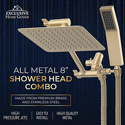 All Metal Shower Head 8" Dual Square Shower Head With Handheld Wand 71in Hose Set, High Pressure Rain Shower Heads Combo, 3-Way Diverter Rainfall Showerhead with Adjustable Extension Arm - color: Gold, size: 8 Inches, 2.5 GPM
