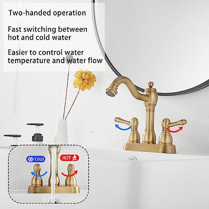 Antique Brass Bathroom Faucet 2 Handles 4 Inches Centerset RV Bathroom Vanity Faucet with Drain Assembly and Supply Hose Lavatory Faucet - color: Antique Brass, size: Centerset