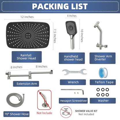 12" High Pressure Rain/Rainfall Shower Heads With Handheld Spray Combo (3+1 Settings & Built-in Power Wash Mode), Double/Dual Shower Head With Handheld - Height/Angle Adjustable(Brushed Nickel) - color: Brushed Nickel, size: 12 Inch
