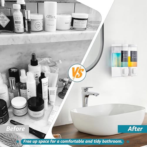Shampoo and Conditioner Dispenser for Shower, 2 Chamber, White | Clog-Free Pump for Thick Liquids, 16.9oz Large Capacity, No Drill Wall Mounted Compact Design for Small Bathroom - color: Dm25-white