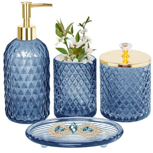 Haturi Glass Bathroom Accessories Set, Navy Blue Bathroom Set, 4 Pcs | Kit w/ Bathroom Soap Dispenser Set, Toothbrush Holder, Qtip Holder, Vanity Tray, Blue Bathroom Decor, Gift for Home Apartment - style: Navy Blue