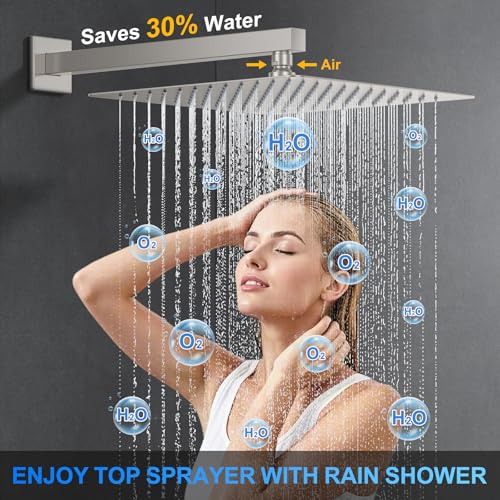 Woindo Shower Faucet Set, 12" Wall Mount Rainfall Shower System with 2 Rain Shower Head and Multi-function Handheld Head Push Button Diverter Shower Faucet Trim Kit - color: Brushed Nickel, style: 12"-Wall-01