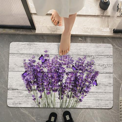 SolAzul Lavender Leather Diatomaceous Earth Bath Mat, Lavender Floral Super Absorbent Diatomite Stone Bath Mat Quick Dry Thin Bathroom Floor Purple Mat Rug (16×24 Inch) - color: Lavender