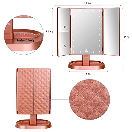 Trifold Lighted Vanity Makeup Mirror with 21 LEDs Lights,1x/2x/3x Magnification and Touch Screen Dimming,Two Power Supplies Makeup Mirror, Gift for Women - color: Rose Gold