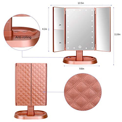 Trifold Lighted Vanity Makeup Mirror with 21 LEDs Lights,1x/2x/3x Magnification and Touch Screen Dimming,Two Power Supplies Makeup Mirror, Gift for Women - color: Rose Gold