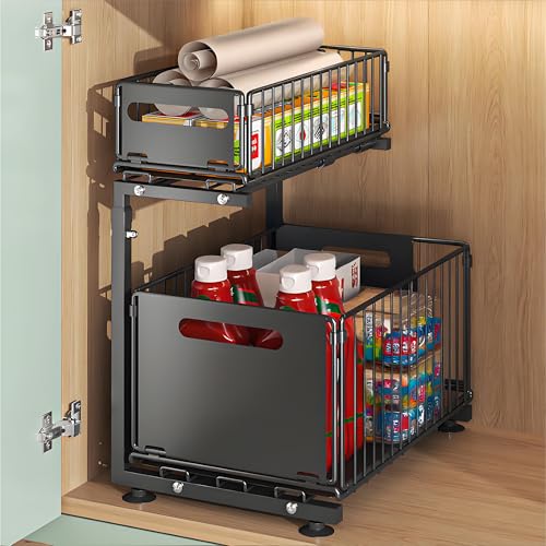 2 Tier Under Sink Organizer, Slide Out Storage Organizer for Kitchen Cabinets,Height Adjustable Pull Out Cabinet Organizers
