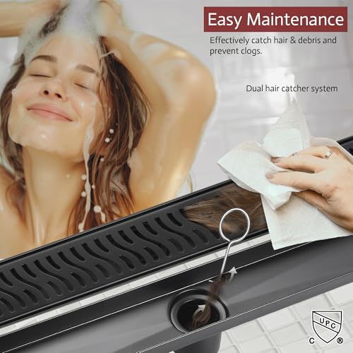 Linear Shower Drain, 32 inch Matte Black | Including Hair Catcher and Removable Grate, 304 Stainless Steel, Easy to Install and Clean (Drain Base Not Included) - color: Matte Black, size: 32 inch
