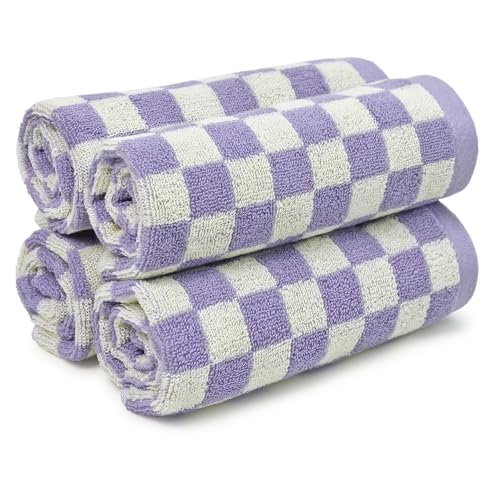 Wash Cloths Checkered 4 Pack (Lilac) - Cotton Washcloths for Face Body | 13 x 13 Inches Daily Cleansing Kitchen Towels - color: Lilac