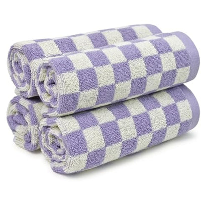 Wash Cloths Checkered 4 Pack (Lilac) - Cotton Washcloths for Face Body | 13 x 13 Inches Daily Cleansing Kitchen Towels - color: Lilac