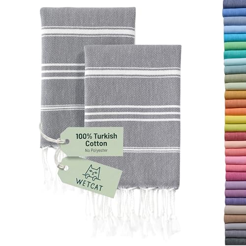 WETCAT Turkish Hand Towels with Hanging Loop, Set of 2 (20" x 30") 100% Turkish Cotton, Pre-Washed, Quick Drying, for Kitchen or Bathroom - Dark Gray - color: Dark Gray