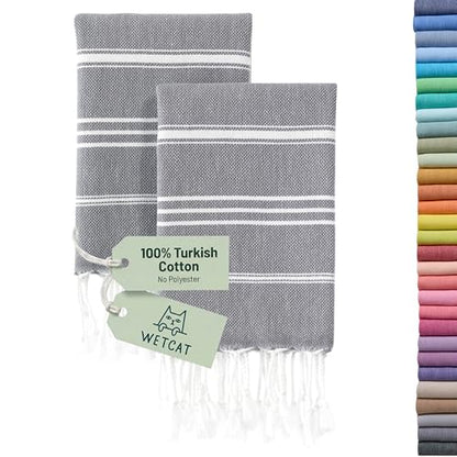 WETCAT Turkish Hand Towels with Hanging Loop, Set of 2 (20" x 30") 100% Turkish Cotton, Pre-Washed, Quick Drying, for Kitchen or Bathroom - Dark Gray - color: Dark Gray