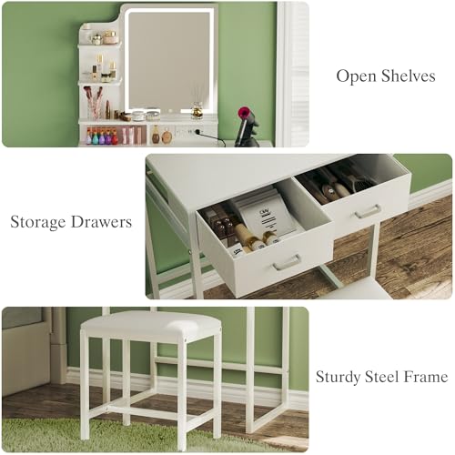 ALEXNUTRE Makeup Vanity Desk with Mirror and Lights, Small Vanity with Fabric Storage Drawer & Chair & Shelves, White Vanity with Fold-up Panel and Power Outlet for Bedroom - style: Cream White