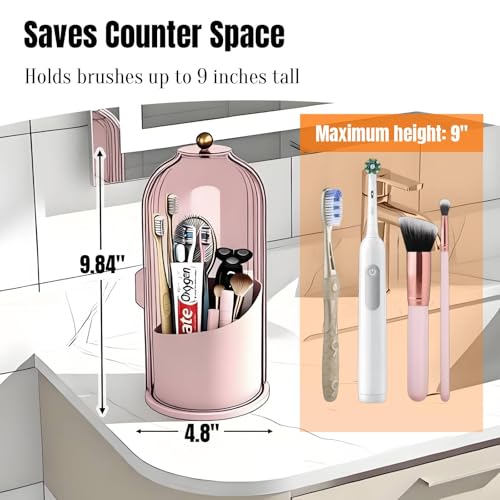JEESA Dustproof Toothbrush Holder with Cover, Pink | 360° Rotating, 180° Sliding Lid, 3 Slots, Toothbrush Organizer, for Bathroom Countertop - color: Pink