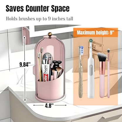 JEESA Dustproof Toothbrush Holder with Cover, Pink | 360° Rotating, 180° Sliding Lid, 3 Slots, Toothbrush Organizer, for Bathroom Countertop - color: Pink