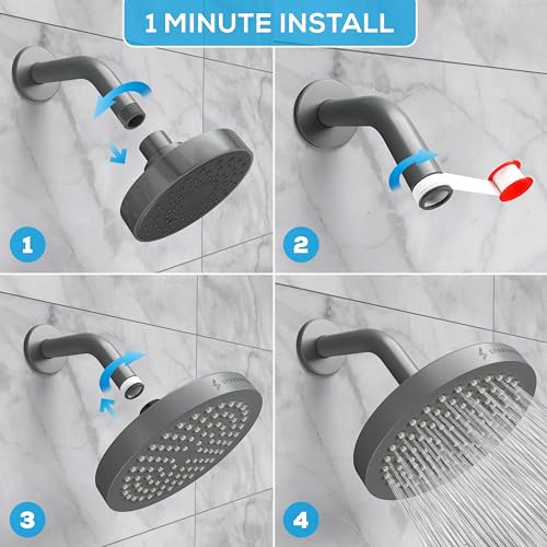 SparkPod Rain Shower Head, 6 Inch Round, Charcoal Grey Finish | High Pressure Shower Heads, 90 Nozzles, Adjustable Showerhead, No Tools Needed, Universal Connection - color: Charcoal Grey, style: 6 Inch Round
