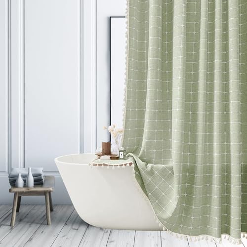 Sage Green Striped Shower Curtain - Farmhouse Boho Linen Fabric Shower Curtains for Bathroom, Bohemian Cute Thick Bathroom Curtain Set with Tassel - Bohemian Cloth Shower Curtain Long 71x79 Inch - color: Sage Green, size: 71"W x 79"L (Pack of 1)