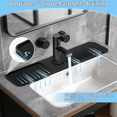 5° Slope Kitchen Sink Faucet Mat, Kitchen Sink Splash Guard, Silicone Material Easy to Clean, 24*5.5 inch Large Size, Suitable for Bathroom, Laundry Room and RV,black - color: Black