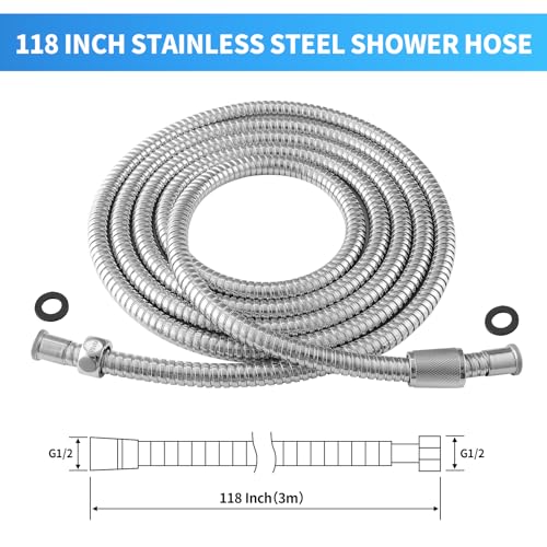 Shower Hose 118 Inch Extra Long Stainless Steel Shower Hose - Flexible & Wear-Resistant with Chrome-Plated Nut & Insert - color: Chrome, size: 118 Inches