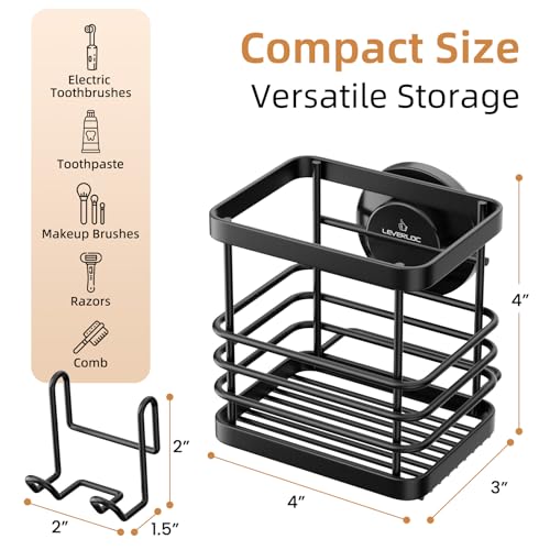 Powerful Suction Cup Stainless Steel Toothbrush Holders, Black | Removable Shower Tooth brush and Toothpaste Holder, Strong Suction Up to 11lbs, Anti-Puddling ,No Drill Bathroom Organizer - color: Black