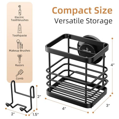 Powerful Suction Cup Stainless Steel Toothbrush Holders, Black | Removable Shower Tooth brush and Toothpaste Holder, Strong Suction Up to 11lbs, Anti-Puddling ,No Drill Bathroom Organizer - color: Black