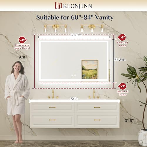 Keonjinn 60 x 36 Inch Beveled Lighted Bathroom Mirror, Frontlit & Backlit | HD Tempered Glass, LED Bathroom Mirror with Lights, 3000K/4500K/6000K, Fast Defogging, Dimmable, Memory Function, CRI90+ - size: 36"L x 60"W
