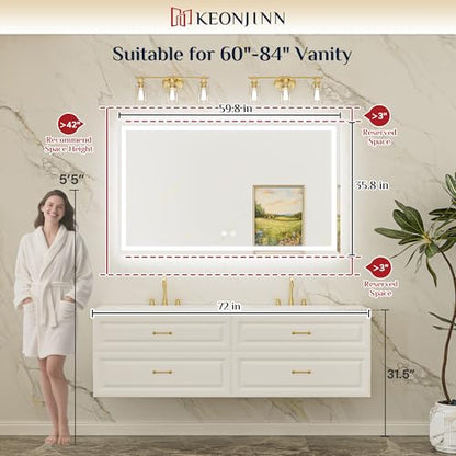 Keonjinn 60 x 36 Inch Beveled Lighted Bathroom Mirror, Frontlit & Backlit | HD Tempered Glass, LED Bathroom Mirror with Lights, 3000K/4500K/6000K, Fast Defogging, Dimmable, Memory Function, CRI90+ - size: 36"L x 60"W