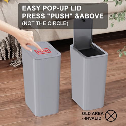 N. NETDOT Bathroom Trash Can with Lid 3 Pack Set, 2 Packs 4 Gal Slim Kitchen Trash Can and 1 Pack 2.6Gal Garbage Can, Small Trash Bin/Waste Basket for Bedroom (Grey, Pack of 3) - color: Gray, size: 2 X 4 Gal & 1 X 2.6 Gal