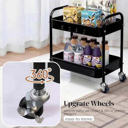 2 Tier Metal Rolling Utility Cart with Wheels Under Desk Storage Cart with Handle, Roll Around Organizer Trolley for Small Space Pantry Bathroom Home Kitchen Office Snack Baby Supplies, Black - color: Black
