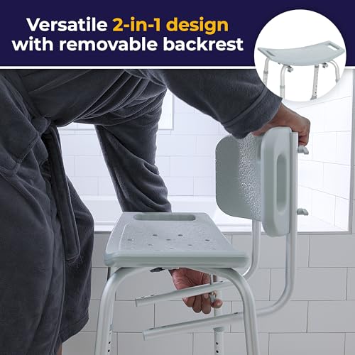 Drive Medical Shower Chair with Back and Suction Feet, Gray | Adjustable Bathroom Bench Features Contoured Seat and Suction Feet for Lightweight, Durable Bathing Support