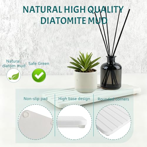 2-Pc Diatomite Coaster Set with Non-Slip Pads & Sandpaper, Quick-Dry Absorbent Mat for Sink & Stone Soap Tray, Suitable for Kitchen Countertops, Bathroom Scenarios - White
