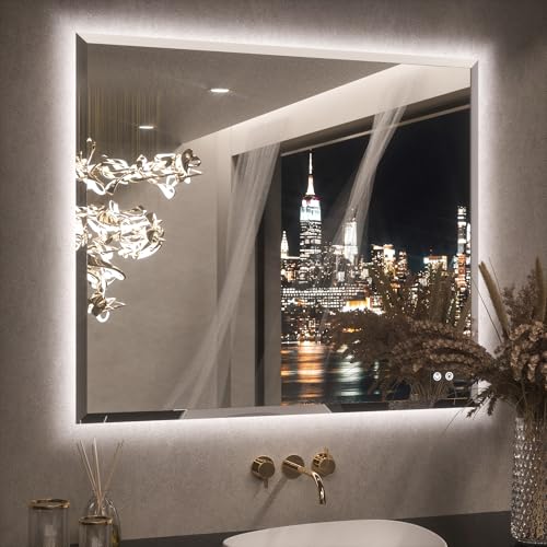 Keonjinn 42 x 36 Inch Backlit Bathroom Mirror with Lights, Frameless LED Mirror with Beveled Edge, HD Tempered Glass, UL-Listed Driver, 3000K/4500K/6500K, Defogging, Lighted Mirrors for Bathroom Wall - color: Backlit Beveled Edge, size: 36"L x 42"W