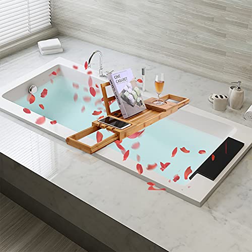 Utoplike Bamboo Bathtub Caddy Tray for Tub, Expandable Bath Table | Adjustable Bathroom Organizer, with Book Tablet Stand, Wine Glass Cup, Towel Holder - color: 19.8-33.5 in
